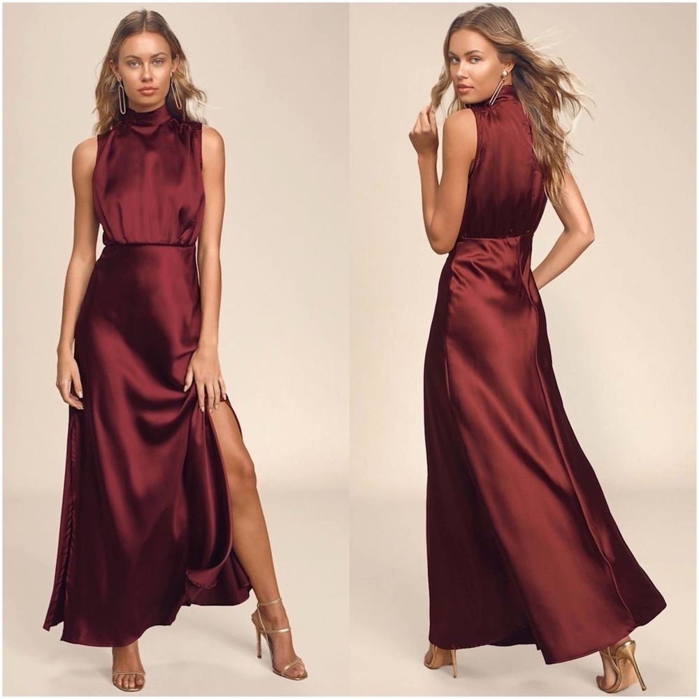 LULU’S Classic Elegance Wine Satin Maxi Dress